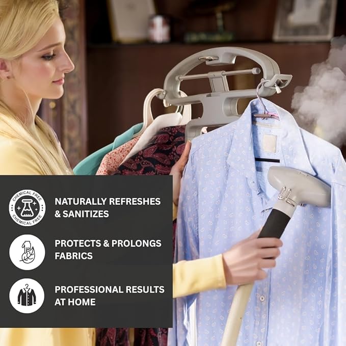 SALAV GS45-DJ Professional Upright Garment Steamer with Roll Wheels, Multi-Function Extra Wide Hanger, Fabric Brush & Mini Ironing Paddle, 1500 watts, Silver