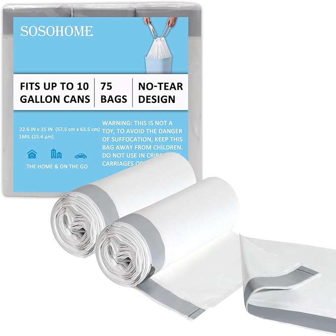 10 Gallon Trash Bags Drawstring, 1 Mil Thick White Garbage Bag for Office Kitchen, 75 Count