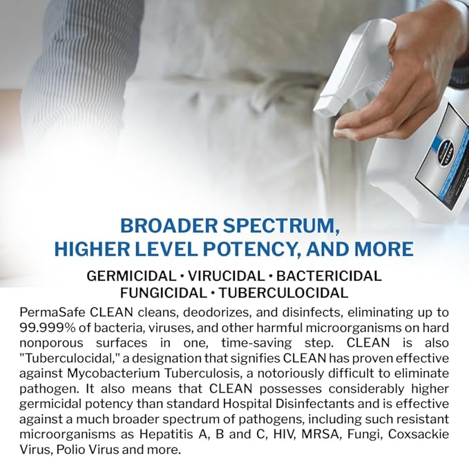 PermaSafe CLEAN, All-Purpose Hospital Disinfectant Cleaner; No Rinse, Hard, Soft & Food Contact Surface Sanitizer; Mold, Mildew and Fungi Killer; Odor Eliminator; Allergen Remover & More-3 Fl Oz-2 Pk
