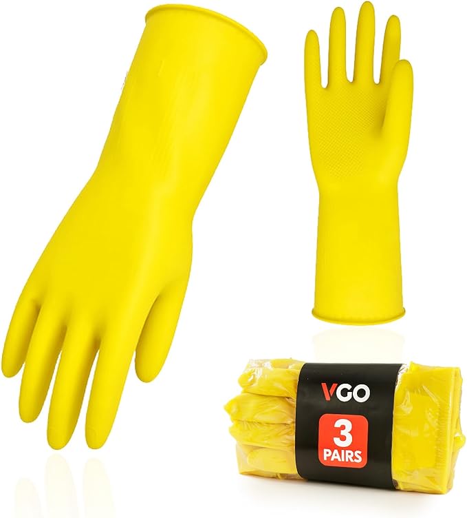 Vgo... 3-Pairs Reusable Household Gloves, Rubber Dishwashing gloves, Extra Thickness, Long Sleeves, Kitchen Cleaning, Working, Painting, Gardening, Pet Care (Size S, Yellow, HH4601)