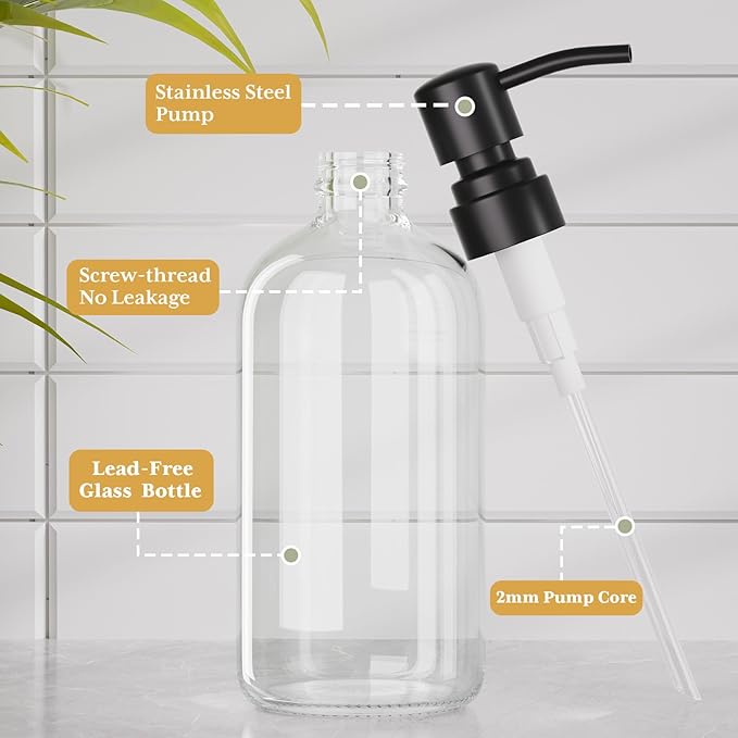 AmazerBath Soap Dispenser, 2 Pack Glass Soap Dispenser with Stainless Steel Pump, 17 Oz Bathroom Hand Soap Dispensers Bottle for Bathroom & Kitchen, Clear & Black