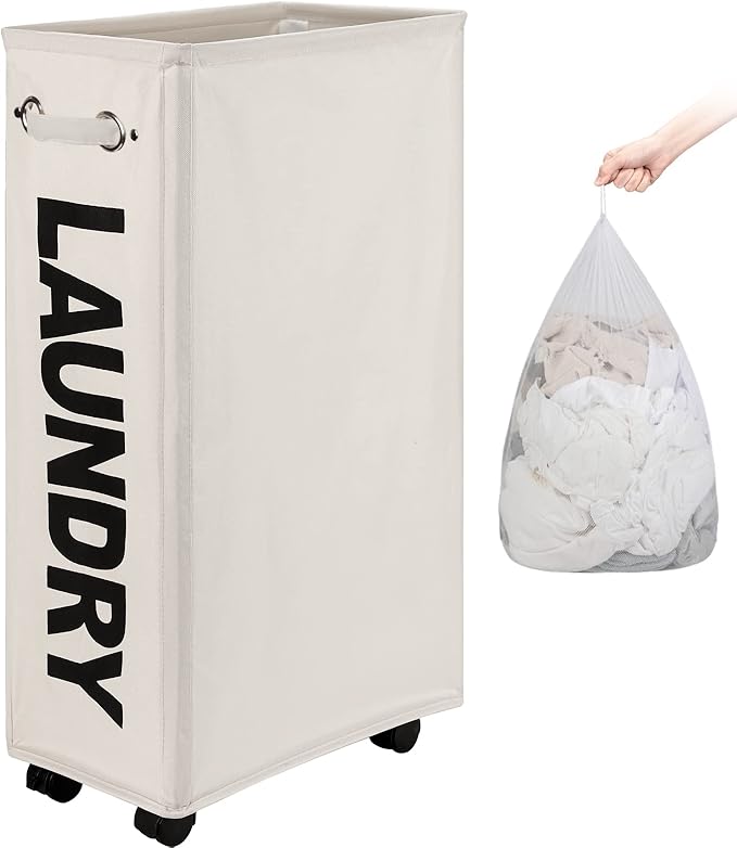 DOKEHOM 29-Inches Enlarged Slim Laundry Basket with Removable Wash Bag on Wheels, Collapsible Rolling Laundry Hamper, Foldable Narrow Corner Clothes Storage Bins (Beige)