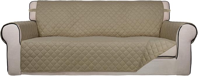 PureFit Reversible Quilted Sofa Cover, Water Resistant Slipcover Furniture Protector, Washable Couch Cover with Non Slip and Elastic Straps for Kids, Dogs, Pets (Sofa, Beige/Beige)