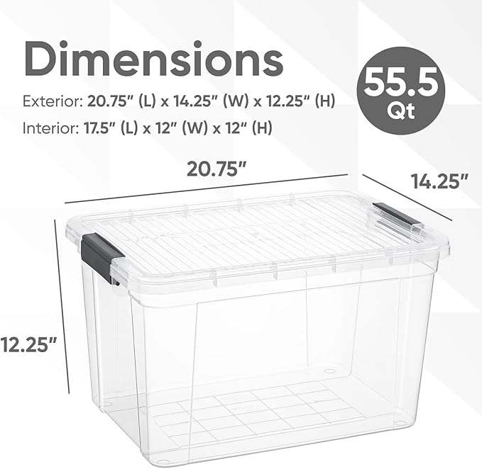 Superio Clear Storage Boxes with Lids, 49 Quart Plastic Container Bins for Organizing, Stackable Crates, BPA Free, Non Toxic, Odor Free, Organizers for Home, Office and Dorm, 4 Pack