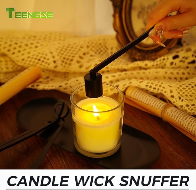 4 in 1 Candle Accessory Set with Storage Tray Plate, Candle Wick Trimmer, Candle Wick Snuffer, Candle Wick Dipper (Black)