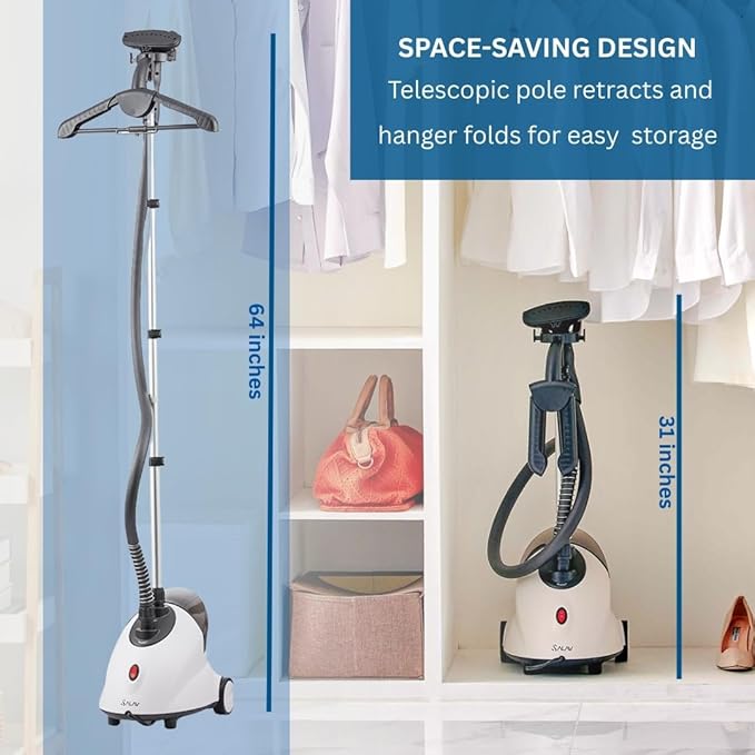 SALAV GS18 Full-Size Clothes Steamer - 1500W Power, 1.8L Water Tank, 60-Min Garment Steam, Iron Clothing, Adjustable Pole & Wheels for Easy Storage, Professional Standing Steamer for Clothes, White