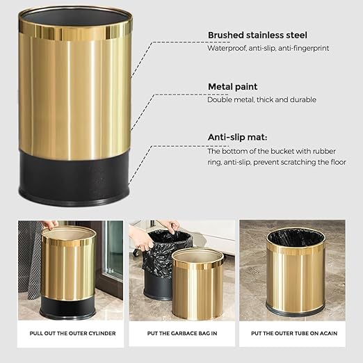 14L/2.6GAL，Gold Bathroom Trash can,Brushed Brass Garbage can,Small Gold Wastebasket for Bathroom,Office,Hotel,Restaurant(Gold14)