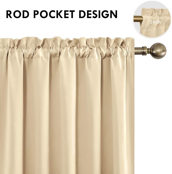 DWCN Blackout Curtains for Living Room Thermal Insulated, Energy Saving & Noise Reducing Bedroom Curtains, Beige, W 70x L 72 Inch, Set of 2 Rod Pocket Curtain Panels