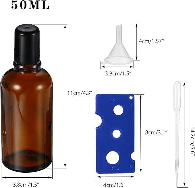 50ML Roller Bottles for Essential Oil, 3 Pack Empty Amber Glass Roller Bottle for Perfume Oil, Roll on Bottles with Stainless Steel Roller Balls, Opener, Funnel and Dropper