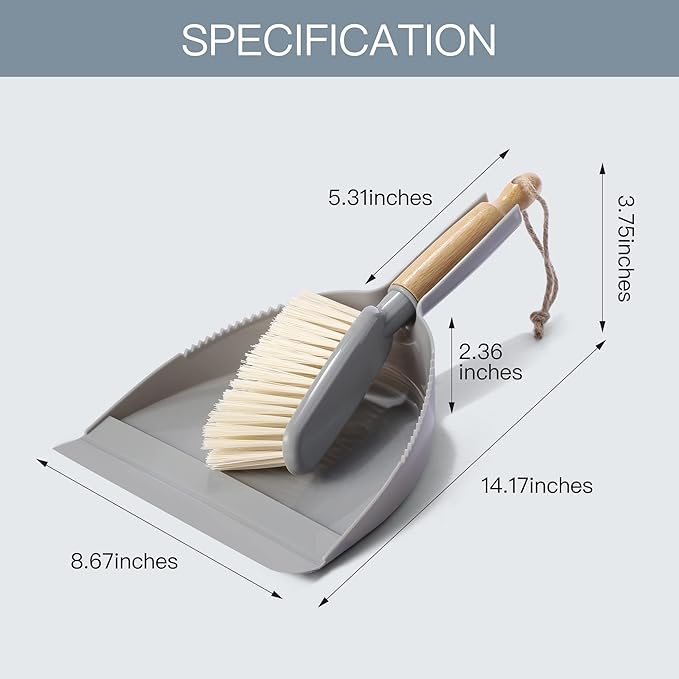 Small Dustpan and Brush Set - Mini Broom with Dustpan Set, Handheld Broom and Dust Pan Combo Set for Home, Pet Care, Car, 14 x 8.7 inch, Grey