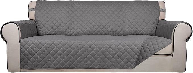 PureFit Reversible Quilted Sofa Cover, Water Resistant Slipcover Furniture Protector, Washable Couch Cover with Non Slip and Elastic Straps for Kids, Pets (Oversized Sofa, Gray/Gray)