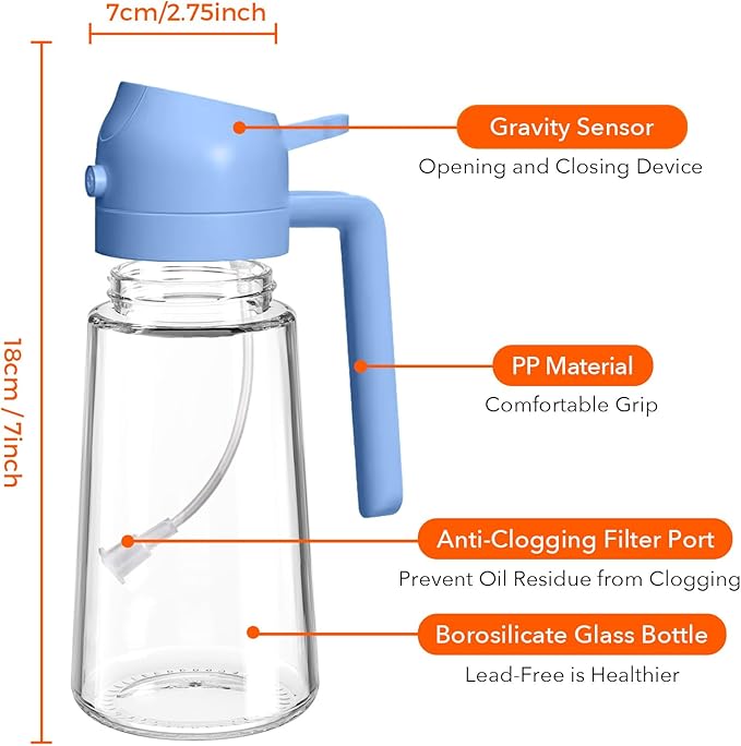 YARRAMATE 16oz/470ml Glass Olive Oil Sprayer for Cooking with Stickers, 2 in 1 Oil Dispenser for Kitchen Gadgets, Food Grade Premium Spray Bottle with Portion Control for Salad, BBQ(SkyBlue)