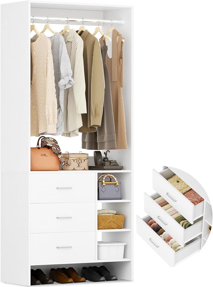 Aheaplus 2.5FT Closet System with 3 Drawers, 29.5’’ Closet Organizer, Wood Closet Organizer System, Walk-in Closet or Small Closets Wardrobe, Clothes Rack with Hanging Rods,-E6, White