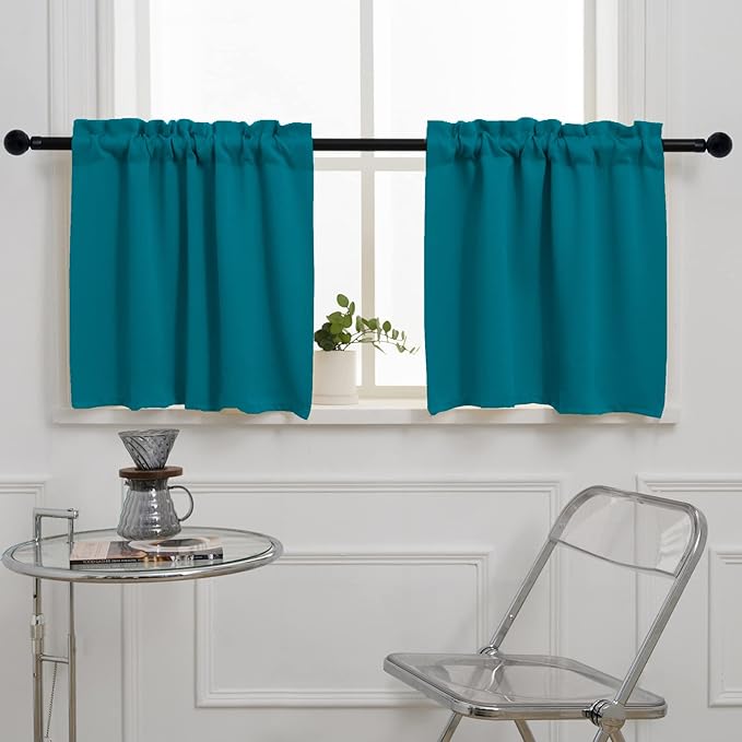 Pickluc Blackout Curtains 45 Inches Long 2 Panels, Room Darkening Tiers with Rod Pocket, Short Black Out Curtain for Small Window, 42" Wide and 45" Length, Set of Two, Teal.