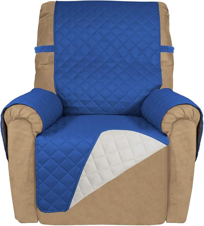 PureFit Reversible Quilted Sofa Cover, Water Resistant Slipcover Furniture Protector, Washable Couch Cover with Non Slip and Elastic Straps for Kids, Dogs, Pets (Small Recliner, Classic Blue/Ivory)