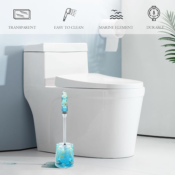 FONMY Toilet Brush and Holder Acrylic with Nature Seashell,Compact Size Toilet Bowl Brush with Plastic Handle Easy to Hide, Drip-Proof,Space Saving for Storage,Easy to Assemble,Deep Cleaning, (Blue)