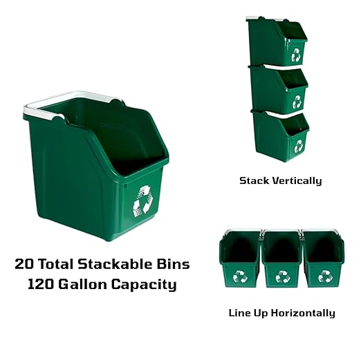6 Gallon Stackable Recycling Bins for Homes, Garages, Offices Made of 100% Recycled Plastic - (Green, 20 Pack)