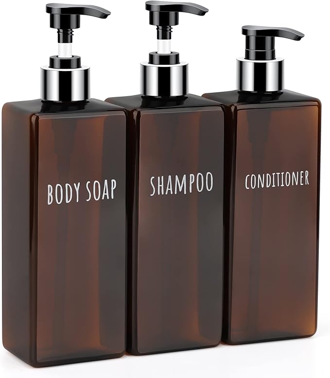 Segbeauty Shampoo and Conditioner Dispenser, 3 Packs 16.9oz Refillable Bathroom Soap Dispenser Set, 500ml Plastic Square Shower Press Pump Bottles Liquid Lotion Dispenser for Kitchen Sink Amber
