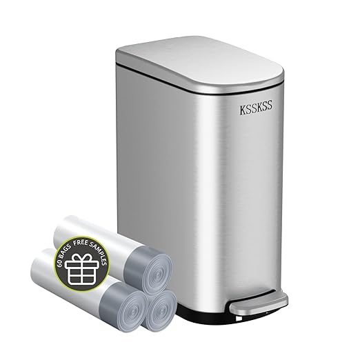 2.6 Gallon Slim Bathroom Trash Can with Soft Close Lid, 10L Stainless Steel Garbage Can with Removable Liner Bucket, for Narrow Spaces,Bathroom, Bedroom (Silver)