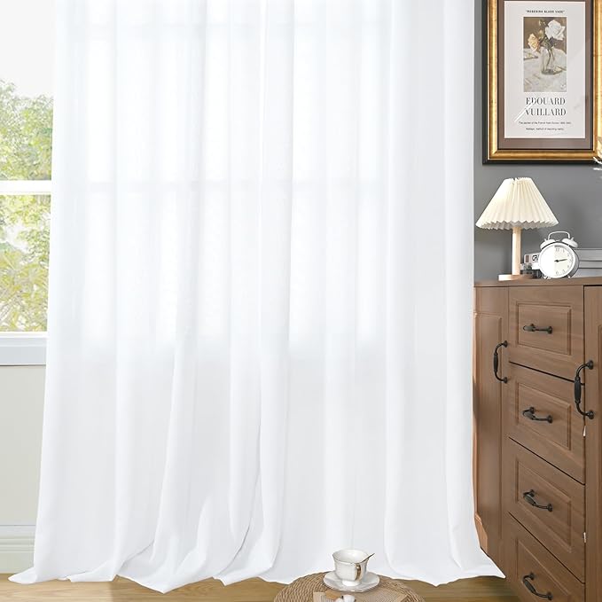 YoungsTex White Linen Semi Sheer Curtains for Living Room 84 Inch Length 2 Panels - Light Filtering Drapes with Pinch Pleated for Bedroom Dining Office Back Tab Window Treatments, 40 X 84 Inch