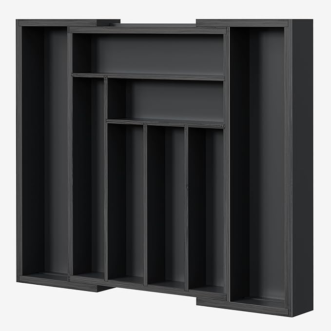 Pipishell Bamboo Expandable Drawer Organizer for Utensils Holder, Adjustable Cutlery Tray, Wood Drawer Dividers Organizer for Silverware, Flatware, Knives in Kitchen, Bedroom, Living Room (Black)