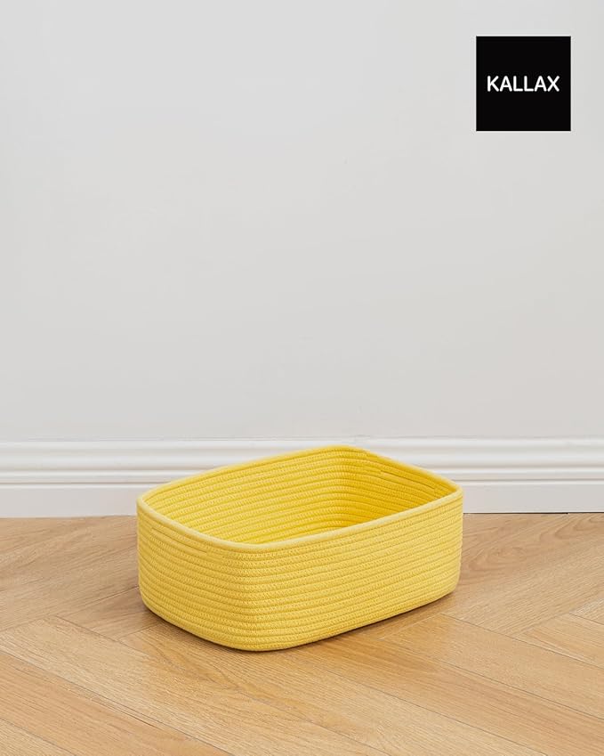 Small Woven Basket, 13.5 x 9.5 x 5 Inches, Storage Basket for Organizing, Cute Small Rope Shelf Closet Cube Storage Bins Baskets for Shelves, Dog Toy Gift Baskets Empty, 3 Pack Yellow