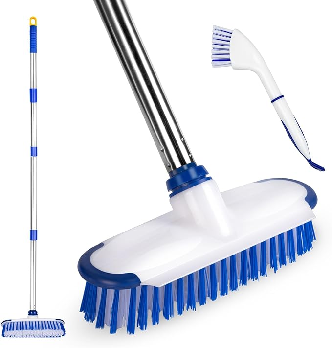 ITTAHO Floor Scrub Brush with Long Handle, 2 in 1 Deck Scrub Brush, Stiff Bristle Scrub Broom & Cleaning Brush for Tile Floor,Deck,Patio,Marble,Garage,Wall, Kitchen,Bathroom