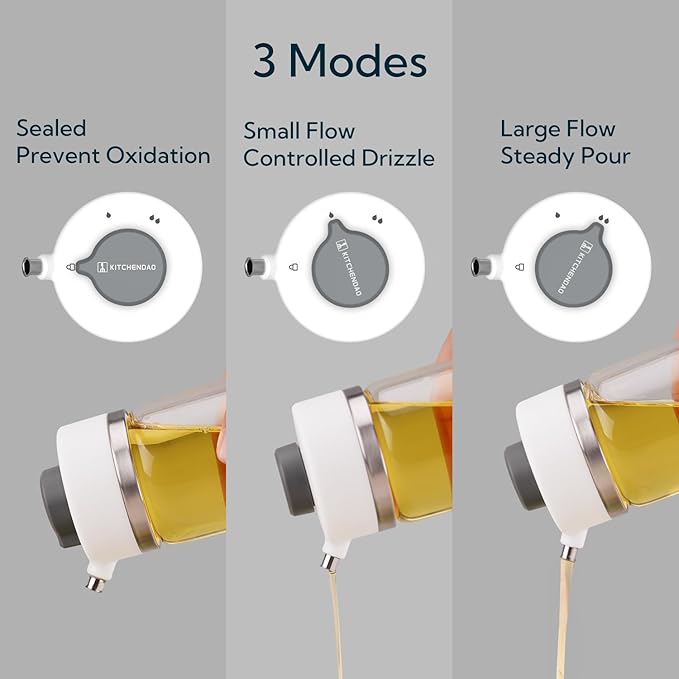 KITCHENDAO Precision Pour Glass Oil Dispenser with 3 Modes, Drip-free Spout, Two Adjustable Flowing Speed, 12 oz Vinegar Dispenser Bottle for Kitchen, Borosilicate Glass Olive Oil Bottle for Cooking