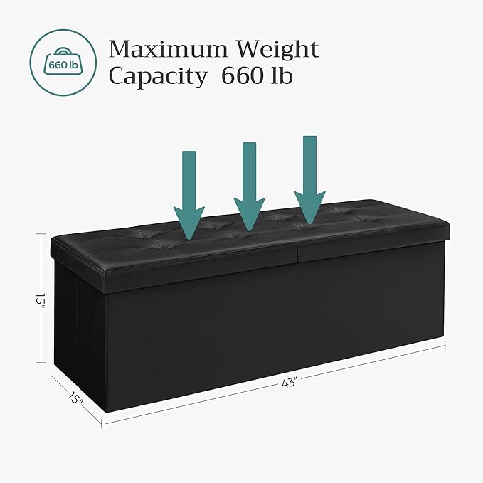 SONGMICS MAZIE Collection - 43 Inches Storage Ottoman Bench with Flipping Lid, Storage Chest with Iron Frame Support, Load 660 lb, for Living Room, Bedroom, Synthetic Leather, Black ULSF75BK