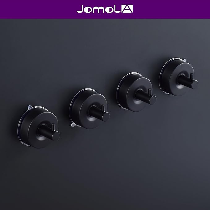 JOMOLA Stainless Steel Bathroom Suction Hooks - No Drill Adhesive-Free Wall Mount for Shower, Towel & Robe, Rustproof Metal Hardware with Damage-Free Grip, Matte Black (4-Pack)