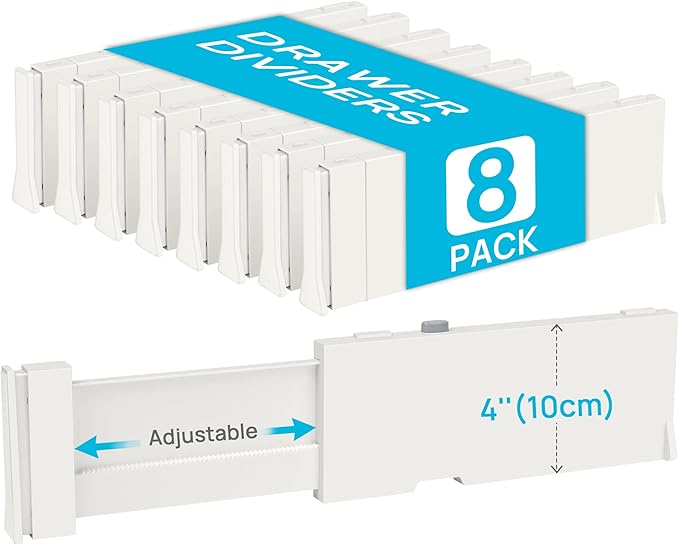 Vtopmart Drawer Dividers for Clothes 8 Pack, Adjustable 4" High Expandable from 11.6"-17" Dresser Drawer Organizer, Plastic Drawers Separators for Dresser, Baby Clothes, Kitchen and Office Storage