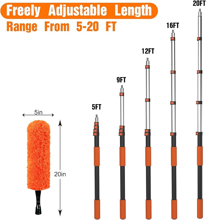 26FT High Reach Duster Cleaning Kit with Extension Pole, High Ceiling Fan Cleaner Duster Tool for Fan Blades, Window Washing Kit with Microfiber Feather Duster & Window Squeegee