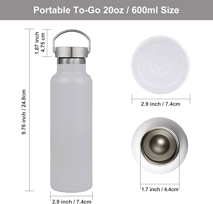 Neihepal 20 oz Insulated Water Bottles Bulk 8 Pack,Stainless Steel Double Wall Sport Bottle with Lid of Handle,Metal Reusable Flask with Cup Cap for School,Hikers,Gift (White,Set of 8)