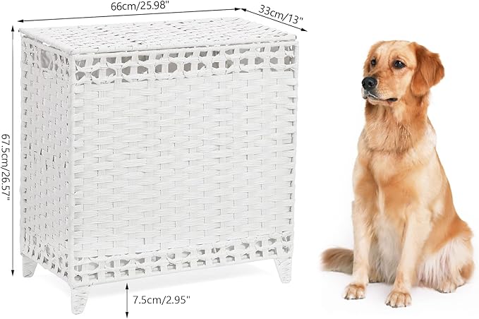 Laundry Hamper with 3 Removable Liner Bags; 132L Handwoven Rattan Laundry Basket with Lid & Heightened Feet; Clothes Hamper with Side Handles; Laundry Sorter with 3 Separate Sections (White)