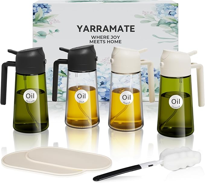 YARRAMATE 4Pcs 16oz/470ml Glass Olive Oil Sprayer Set with Stickers, Kitchen Gadgets, Including 2Pcs Non-Slip Bottle Mat, Cleaning Brush-Aesthetic Ideal Kitchen Gift
