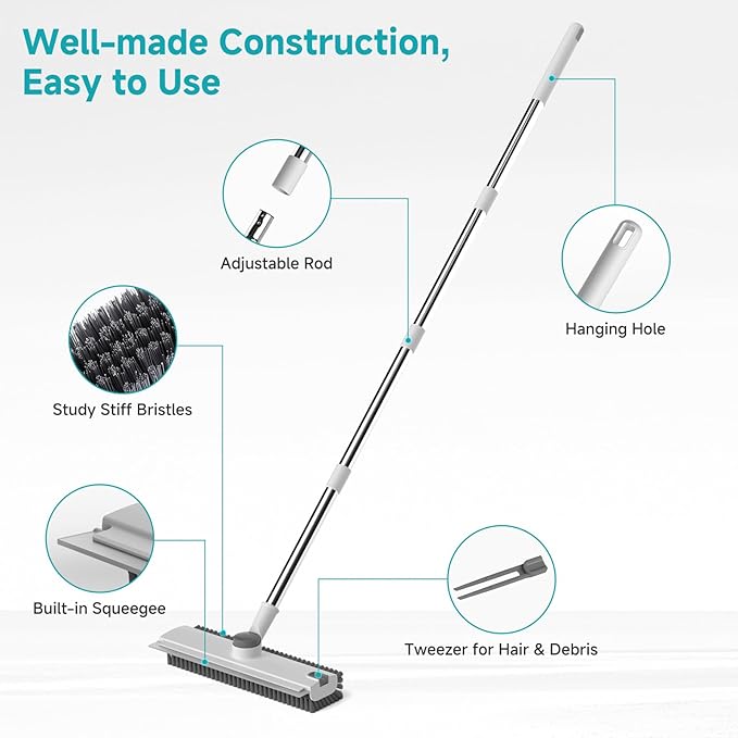 Floor Scrub Brush with Long Handle Length Adjustable, 3 in 1 Heavy-Duty Stiff 90° Bristle Floor Scrubber Broom with Squeegee, for Bathroom, Garage, Kitchen, Tile, Deck & Patio (White)