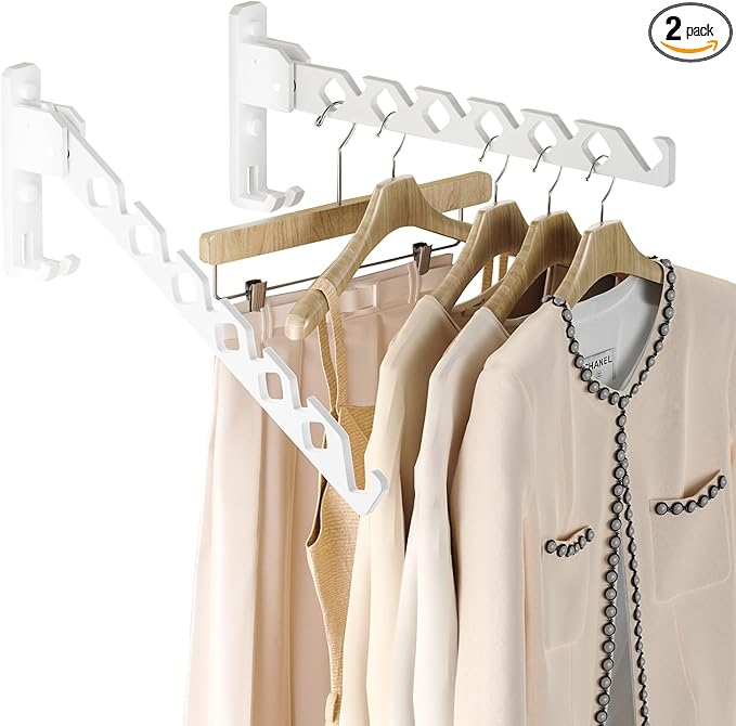 Dr.DJ Wall Mount Coat Hanger Holder White Clothes Drying Organizer Rack Garment Hooks Aluminium Retractable Folding Indoor Wall Mounted Hanger Space Saver for Laundry Room Bedroom White 2Pack