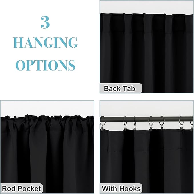RYB HOME Short Bedroom Blackout Curtains - Small Window Treatment Set Energy Saving Thermal Insulated Drapes for Living Room/Nursery/Kitchen, 42-inch Wide x 45-inch Long, Black, 2 Panels