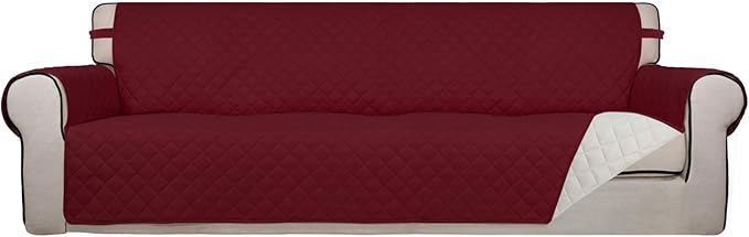 PureFit Reversible Quilted Sofa Cover, Water Resistant Slipcover Furniture Protector, Washable Couch Cover with Non Slip and Elastic Straps for Kids, Dogs, Pets (XX Large, Red/Ivory)