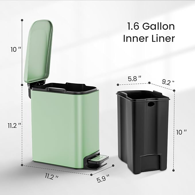 Cesun Small Bathroom Trash Can with Lid Soft Close, Step Pedal, 6 Liter / 1.6 Gallon Stainless Steel Garbage Can with Removable Inner Bucket, Anti-Fingerprint Finish (Matt Green)