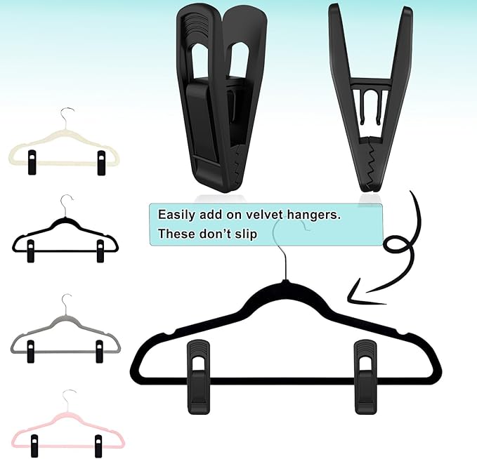 Hanger Clips Perfect for Velvet Hangers (Black, 20 PCS), Non-Slip Plastic Clips Pant Skirt Hanger Clips for Black Flocking Hangers