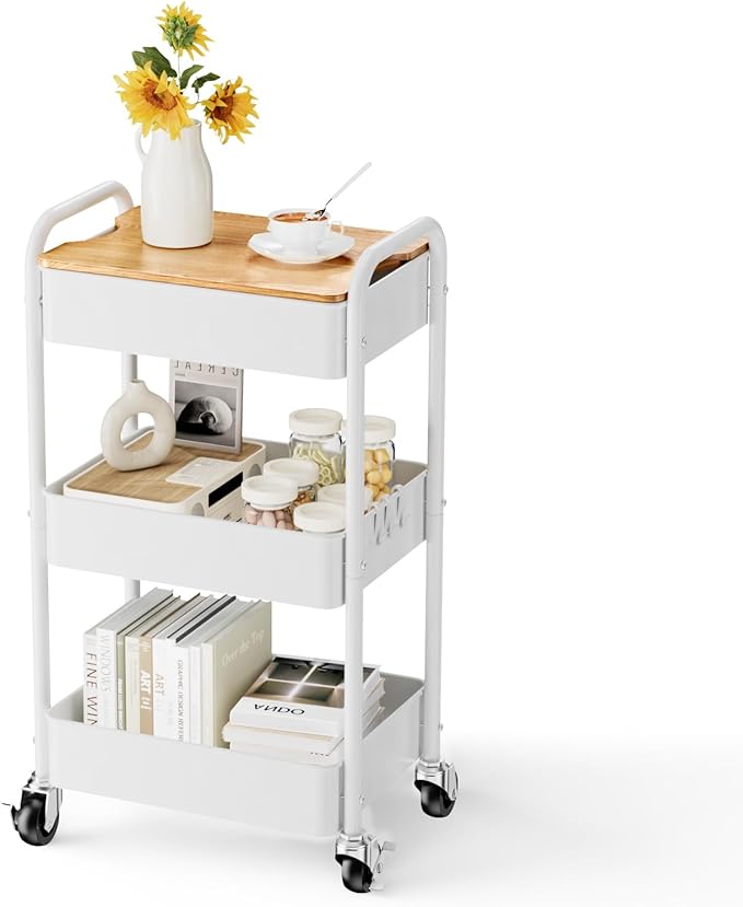 3 Tier Rolling Cart with Table top, Metal Rolling Utility Cart on Wheels, Sturdy Storage Organizer Cart with Hooks for Office, Classroom, Kitchen and Bathroom (White)