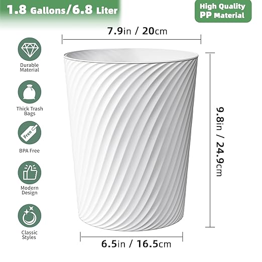 Small Trash Can 1.8 Gallons, Bathroom Trash Can & Garbage Can with 6 Trash Bags, Bedroom Trash Bin & Waste Basket for Office, Bedroom, Living Room, Kitchen, Compact Space (6-White)
