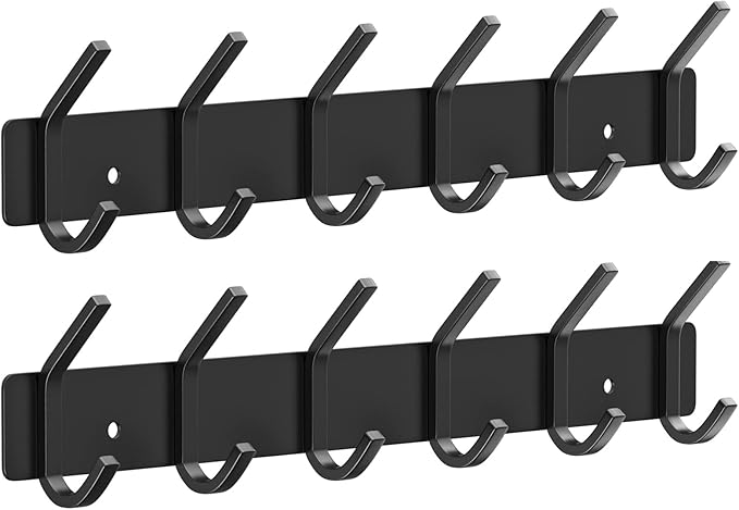 VAEHOLD Wall Hooks Coat Hooks Wall Mounted, Coat Rack with 6 Double Hooks for Hanging Towel Hat Coat Robe Bag Key for Bathroom Kitchen Bedroom 2 Pack