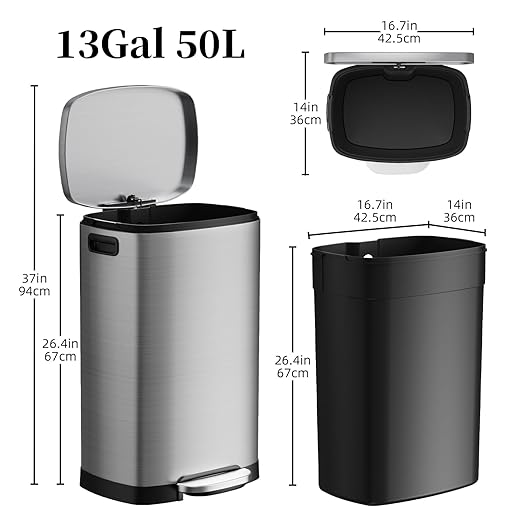 13 Gallon Trash Can with Lid, 50L Fingerprint Proof Stainless Steel Kitchen Trash Can with Removable Inner Bucket and Lid Soft Close, Pedal Rubbish Bin for Home Office（Silver）
