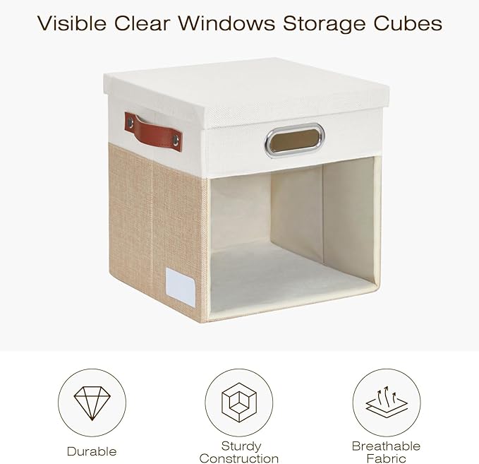 Fabric Storage Cubes with Clear Windows and Lids 11'' Foldable Storage Bins with 3 Handles, Decorative Storage Boxes for Home, Bedroom, Closet, Office (Beige & White)