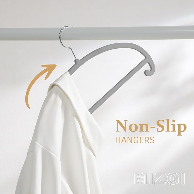 MIZGI 50 Pack Gray Velvet Hangers - No Shoulder Bumps, Heavy Duty Non-Slip Chrome Hooks for Jackets, Coats, Pants
