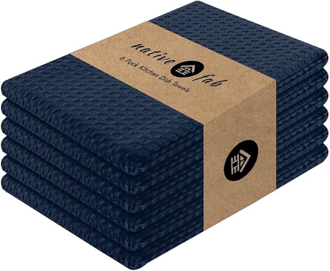 Native Fab Cotton Kitchen Towel with Hanging Loop 16x26 inches, 6-Pack, Waffle Weave Kitchen Towels for Cleaning Drying, Washcloths Soft & Absorbent Cloth Rags, Bar Towel, Dish Cloth, Navy
