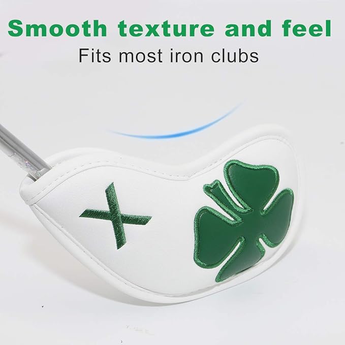 Golf Iron Covers Golf Iron Head Covers Leather Golf Iron Covers for Golf Clubs 10pcs Golf Iron Headcovers Lucky Clover Golf Club Head Covers for Iron with Magic Tape Fit All Brands