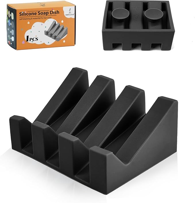 Silicone Soap Dish for Bar Soap Holder for Shower Bathroom Self Draining Waterfall Drying Tray Keep Soap Bars Dry Clean & Easy Cleaning (Black, 1)